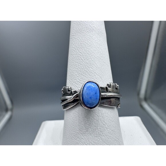 Native Navajo Sterling Silver Denim Lapis Feather Ring Size 8.25 H Mace - Picture 1 of 5